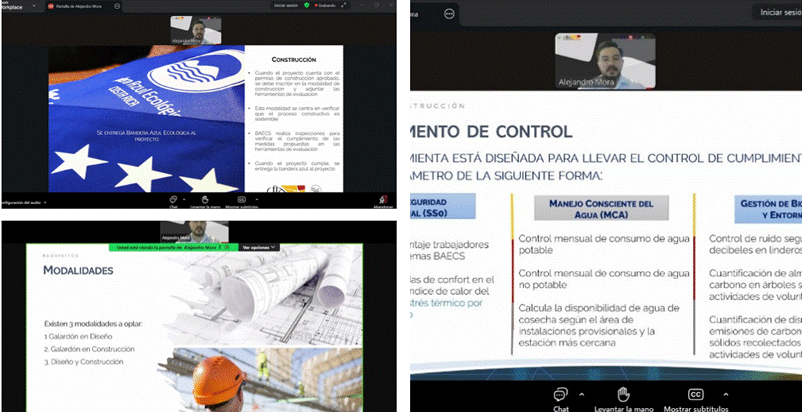 Capturas de pantalla del Webinar impartido por el CFIA sobre el programa de capacitación de Bandera Azul Ecológica con el que ellos cuentan.